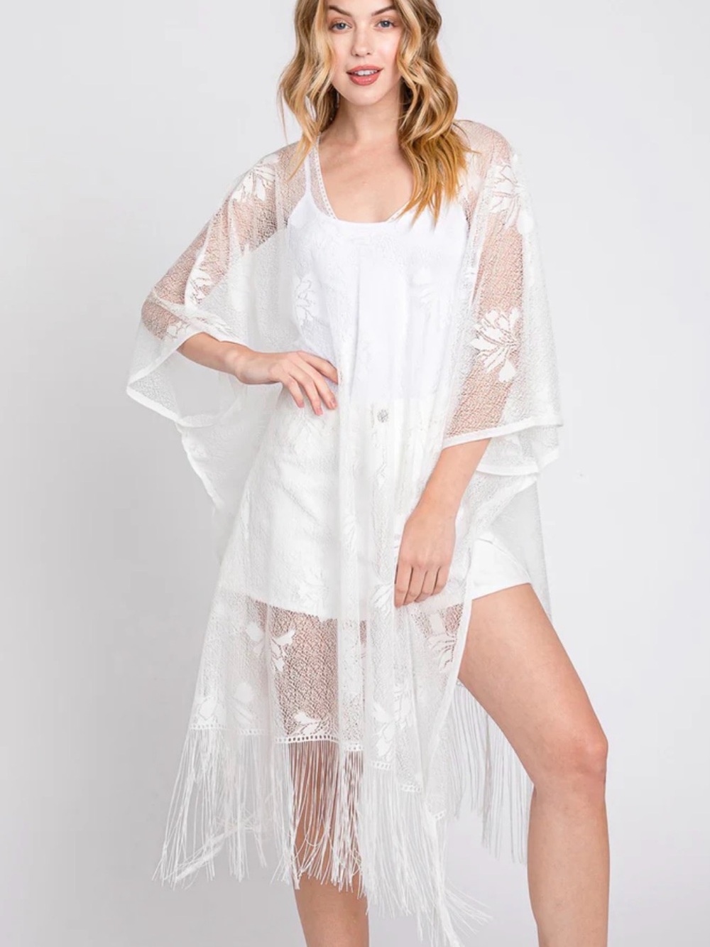 Riah Fashion NWT floral lace kimono poncho fringe trim swim cover up; one size